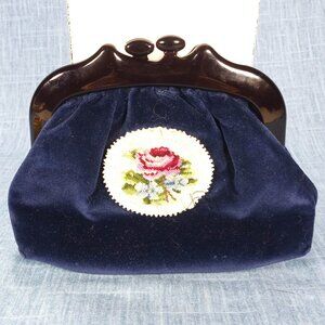 1950's Vintage Navy Blue Velvet Clutch with Embroidered Red Rose - Michiko Kuge